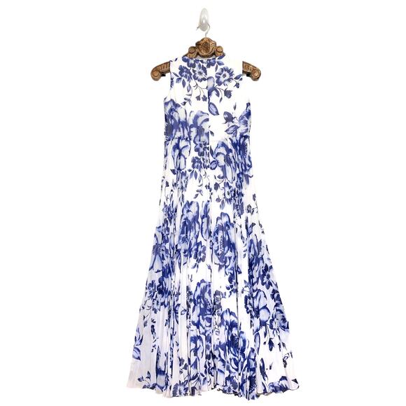 Eliza J Dress White Blue Floral Porcelain Pleated Chiffon Sleeveless Maxi 6P - Picture 1 of 8